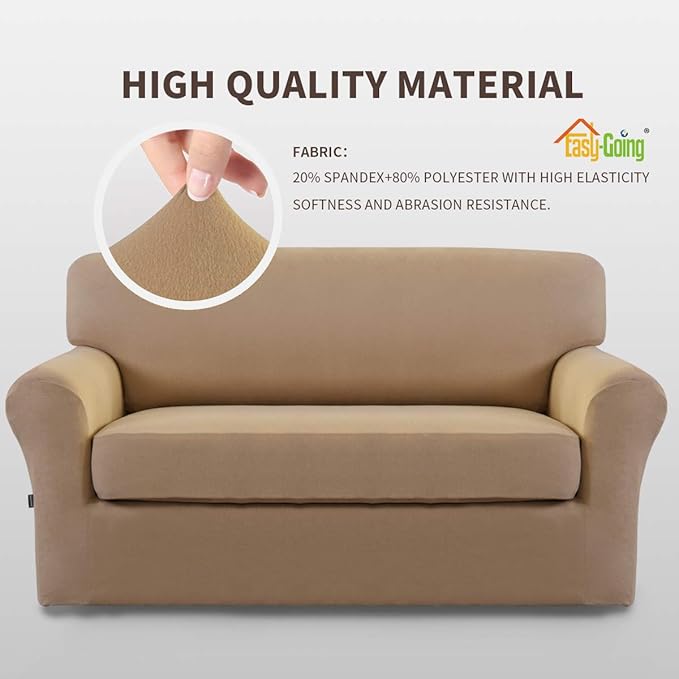 Easy-Going 2 Pieces Microfiber Stretch Sofa Slipcover – Spandex Soft Fitted Sofa Couch Cover, Washable Furniture Protector with Elastic Bottom Kids, Pet (Loveseat, Camel