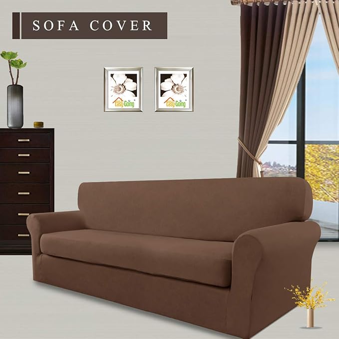 Easy-Going 2 Pieces Microfiber Stretch Sofa Slipcover – Spandex Soft Fitted Sofa Couch Cover, Washable Furniture Protector with Elastic Bottom Kids,Pet (Sofa, Brown)