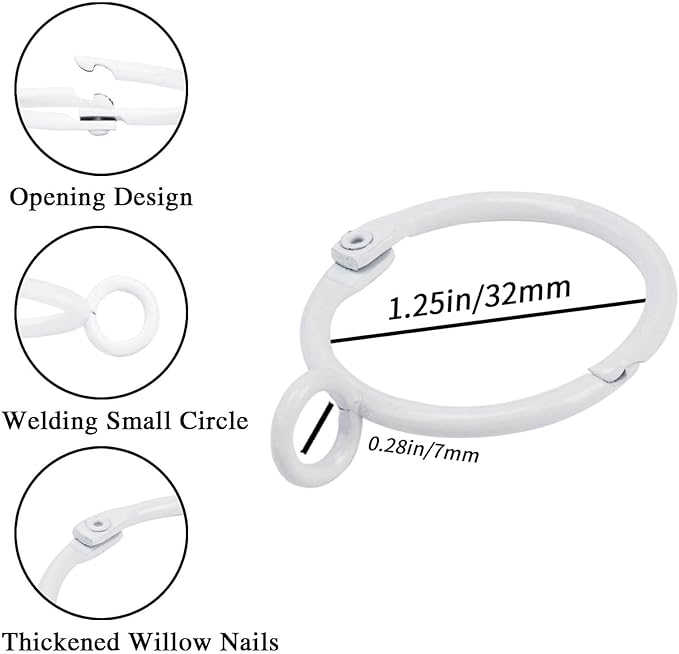 Openable Curtain Rings with Eyelet,24PCS White Curtain Rings,Drapes Rings 1.25 in Interior Diameter,Hinge Snap-Joint Design, Fits Curtain Rods Up to 1 Inches TXZWJZ