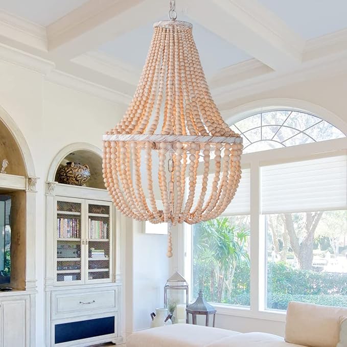 Topaluce18-inch Boho Wood Beaded Chandelier Modern Farmhouse Ceiling Pendant Hanging Lighting Fixture for Dining Room, Foyer, Bedroom,Kitchen Island, Living Room