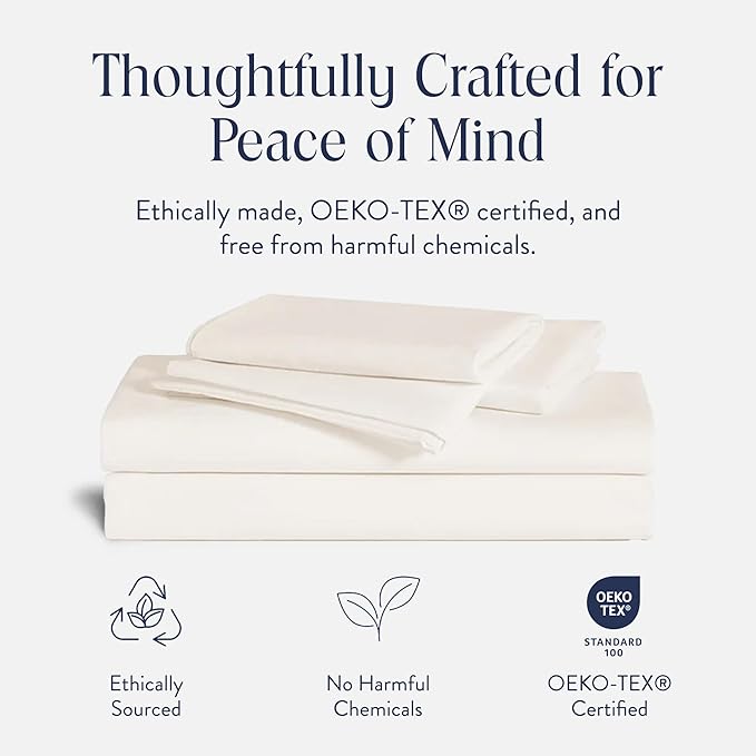 Brooklinen Luxury Sateen 4 Piece Sheet Set - 100% Cotton Bed Sheets, Soft & Durable Twin Sheets Set in Cream, Oeko-TEX Certified Bedding Set, 1 Fitted Sheet, 1 Flat Sheet, 2 Pillowcases