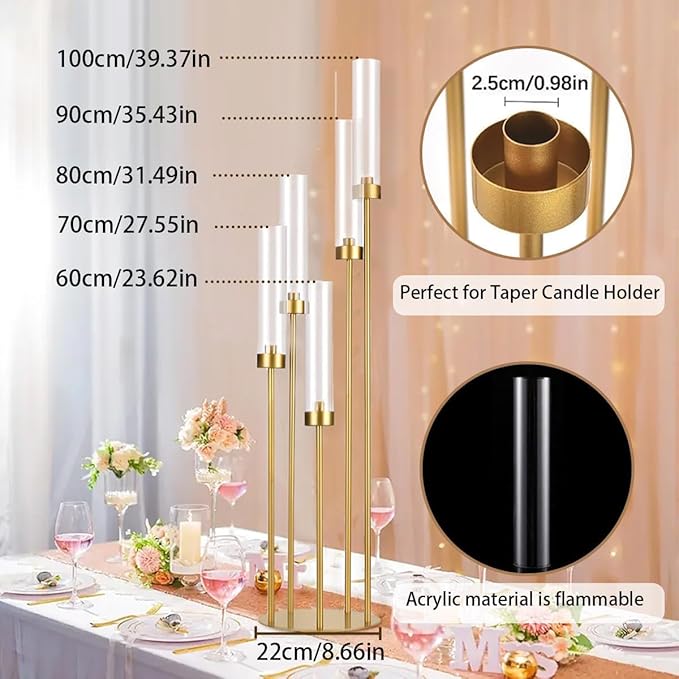 5 Arm Candelabra with Acrylic Lampshade Set of 4 Gold Candelabra for Wedding Table Birthday Party Home Decoration 39.4'' Candle Holder Fit LED Taper Candles