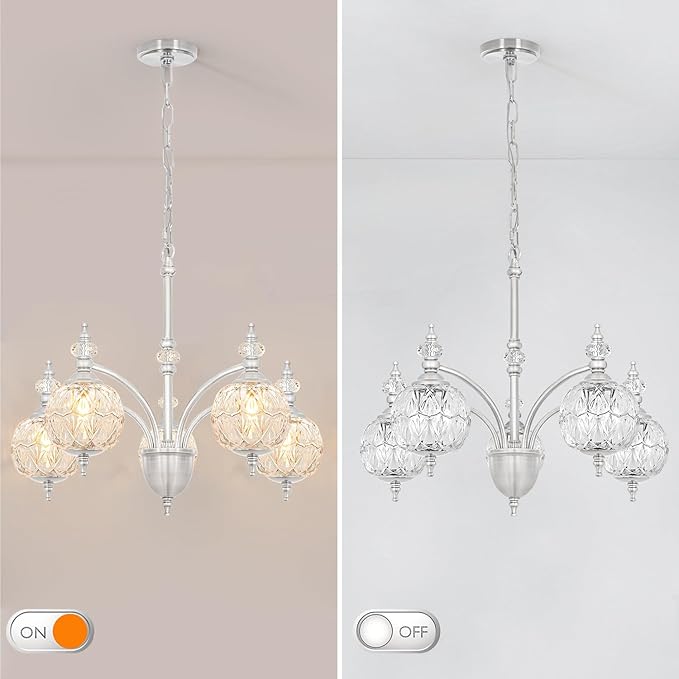 Vintage Brushed Nickel Chandelier - Adjustable Height Dining Room Light Fixture with Handcrafted Blown Glass - 5-Light E26 Base, Ideal for Kitchen, Entryway, Enhances Luxury Home Decor for Discerning