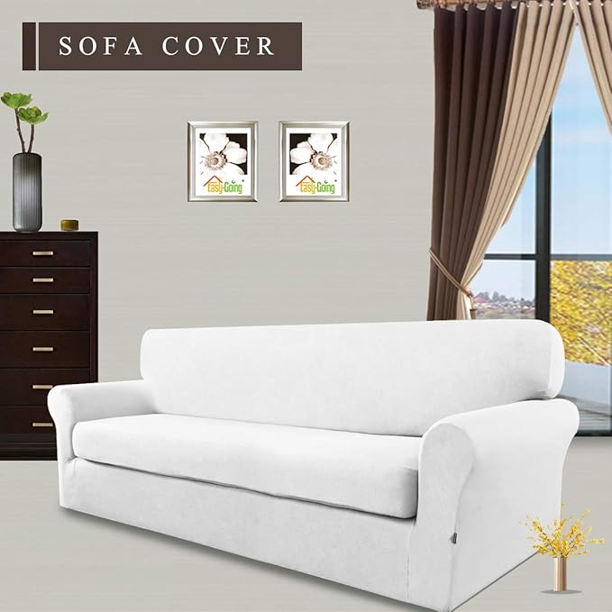 Easy-Going 2 Pieces Microfiber Stretch Sofa Slipcover – Spandex Soft Fitted Sofa Couch Cover, Washable Furniture Protector with Elastic Bottom Kids,Pet (Sofa, Snow White