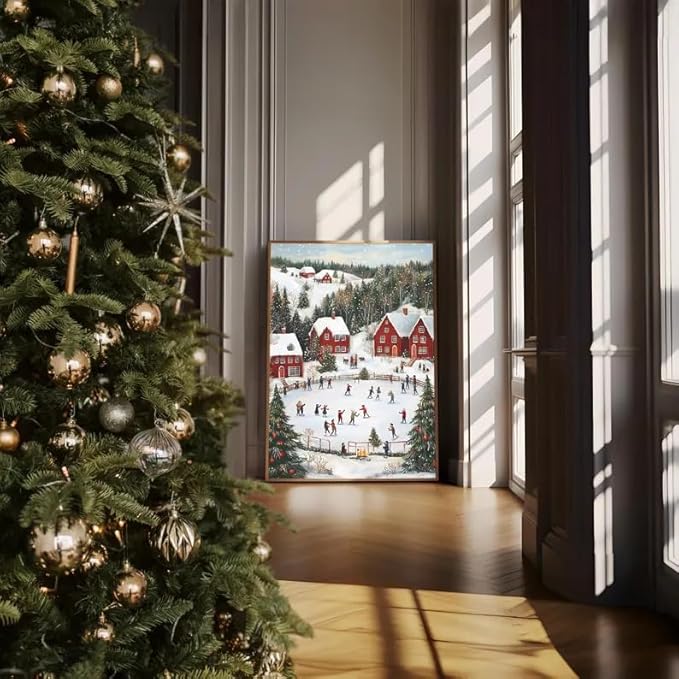 OZCONO Snowy Christmas Village Wall Art, Cozy Xmas Holiday Decor, Nordic Winter Town Scene with Ice Skating, Seasonal Home Artwork, Festive Scandinavian Cabin Accent (Unframed) (27x40)