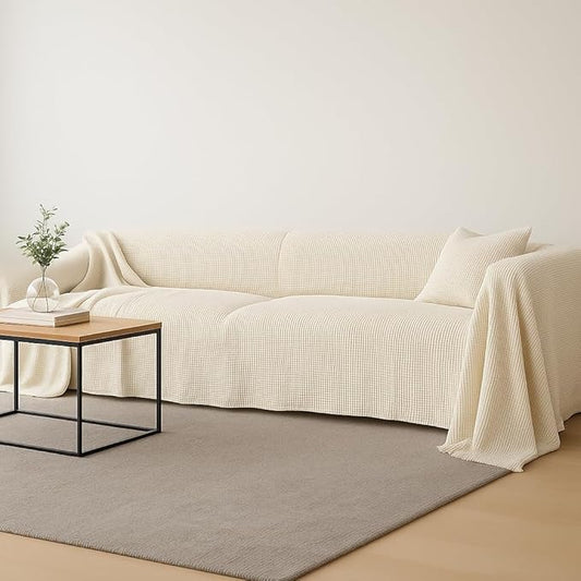 %100 Cotton Couch Cover - Perfect for L-Shape, U-Shape & Sectional Sofas, Washable Couch Cover, Extra Large Sofa Cover, 3, 4 Seater Slip Cover (Cream, 91x108 inches - 230x275 cm)