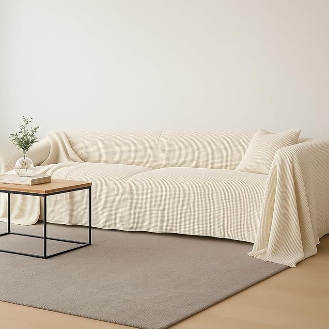 Extra Large Couch Cover%100 Cotton - Perfect for L-Shape, U-Shape & Sectional Sofas, Washable Couch Cover, Oversize Sofa Cover, 3, 4 Seater Slip Cover (Cream, 71x165 inches - 180x420 cm)