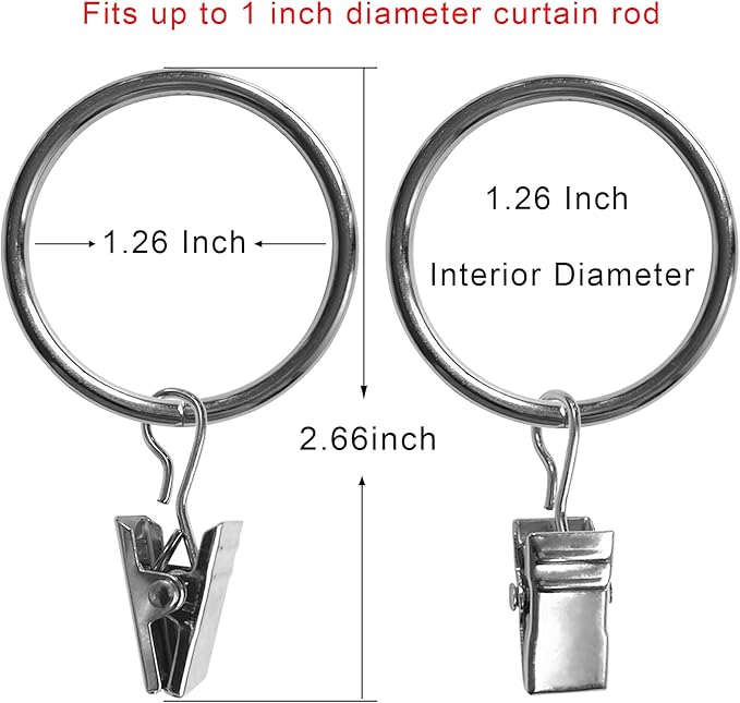 100 Pack Curtain Rings with Clips, Drapery Clips with Rings, Drapes Rings 1.26 in Interior Diameter, Fits up to 1 Inch Curtain Rod, Silver