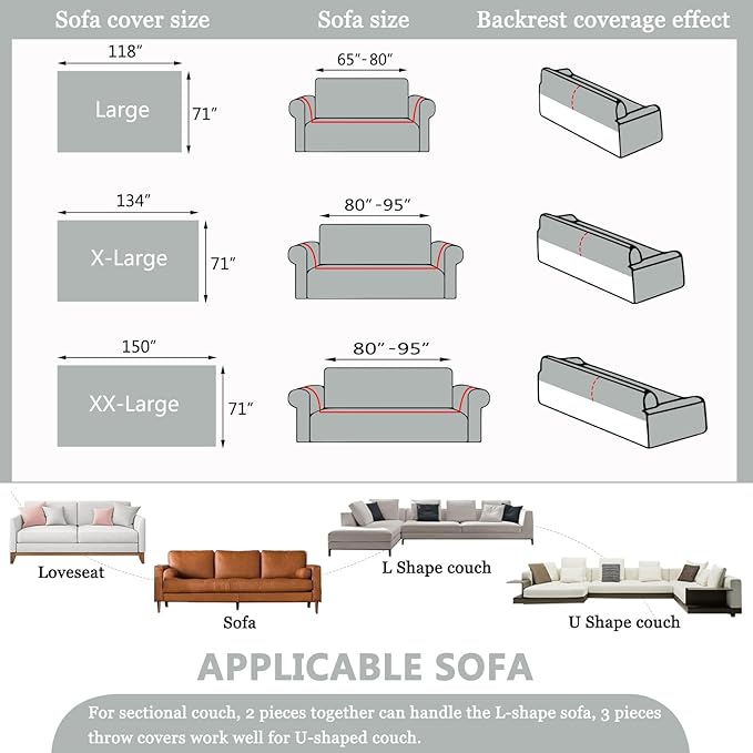 DREAMINGO Couch Protector Light Grey Sofa Covers for Dogs Solid Color Modern 3 Cushion Couch Covers for Sofa Pet Friendly Chenille Slipcovers for Sectional Washable, XX-Large 71"x150"
