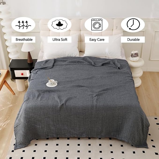 Boho Throw Blanket, 100% Cotton Ultra Soft Luxury Throw Rustic Quilt, Muslin Breathable Soft Bed Throw ，All Throw for Sofa Couch Chair 60×80 Inch (Grey Cotton Blanket 80x90 Inch, 80x90 Inch)