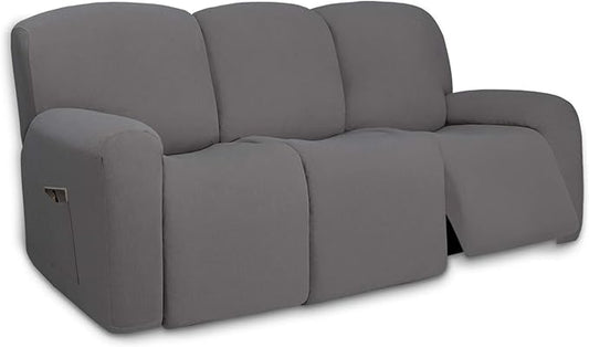 PureFit Super Stretch 3 Seats Recliner Chair Sofa Couch Cover with Pocket – Non Slip Soft Sofa Slipcover, Washable Spandex Reclining Furniture Protector for Kids, Pets (Recliner Sofa, Light Gray)
