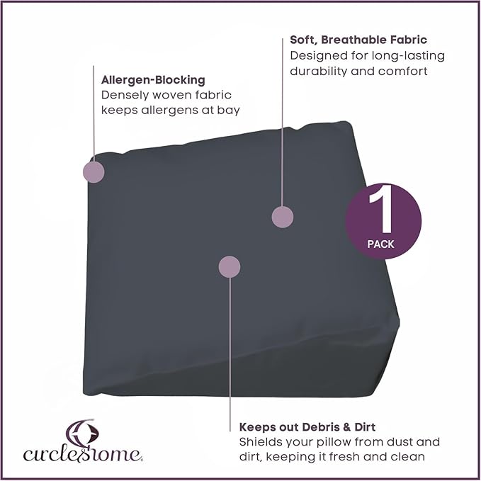 CirclesHome Wedge Pillow Cover 100% Cotton, Zippered Wedge Pillow Case Protector, Soft, Hypoallergenic & Breathable -Dark Grey, (25Wx26Lx7.5)