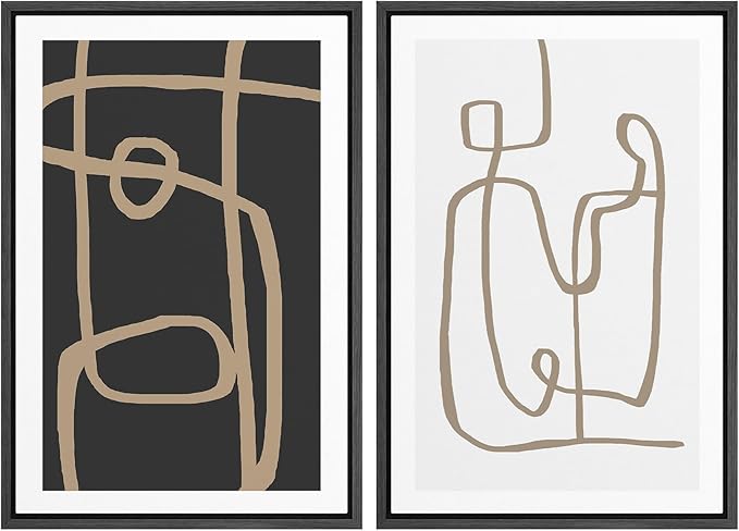 SIGNWIN Framed Canvas Print Wall Art Set Brown Geometric Spiral Pattern Collage Abstract Shapes Illustrations Modern Art Minimal Boho for Living Room, Bedroom, Office - 24"x36"x2 Black