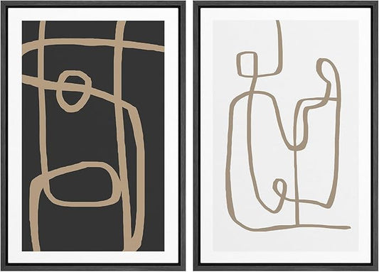 SIGNWIN Framed Canvas Print Wall Art Set Brown Geometric Spiral Pattern Collage Abstract Shapes Illustrations Modern Art Minimal Boho for Living Room, Bedroom, Office - 24"x36"x2 Black