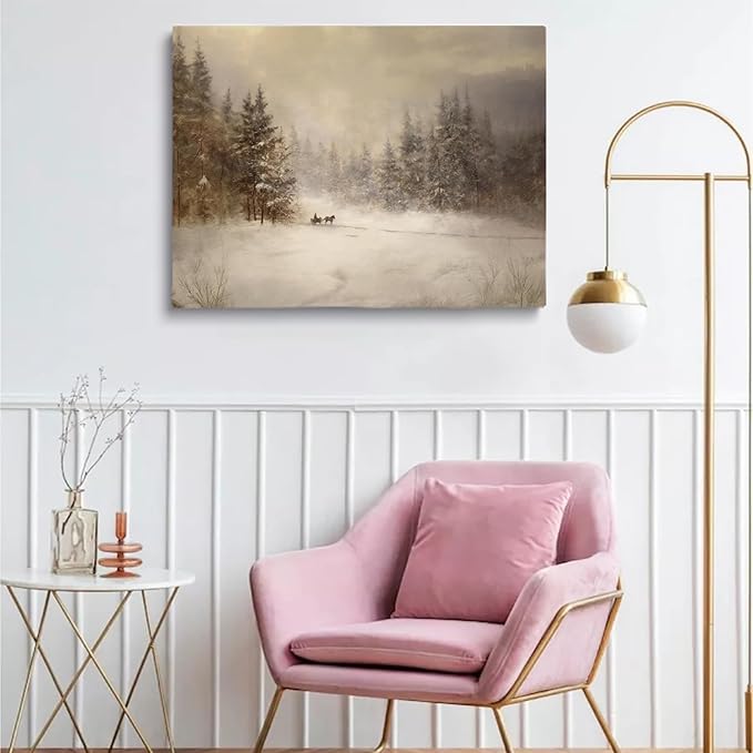 Rustic Winter Landscape Wall Print: Snowy Farmhouse Country Art,Antiques Winter Print,Mid-Century Country Farmhouse Decor