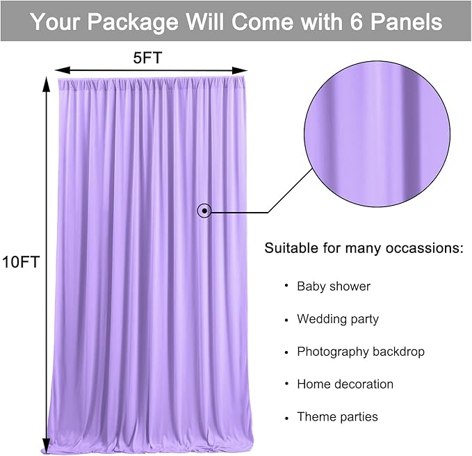 30ft x 10ft Wrinkle Free Lavender Backdrop Curtains for Parties, Light Purple Photo Backdrop Drapes 6 Panels for Wedding Girls Birthday Photography Party Background Baby Shower
