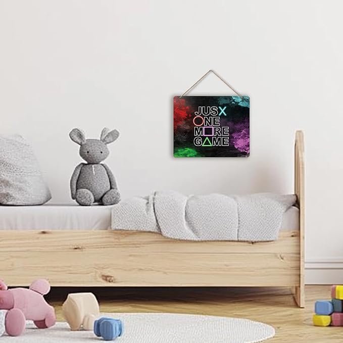 Udinaz Gaming Room Hanging Sign, Game Room Wall Decor, Just One More Game Hanging Wood Plaque Decor for Boys Kids Gaming Room Bedroom Playroom Wall Door Decorations