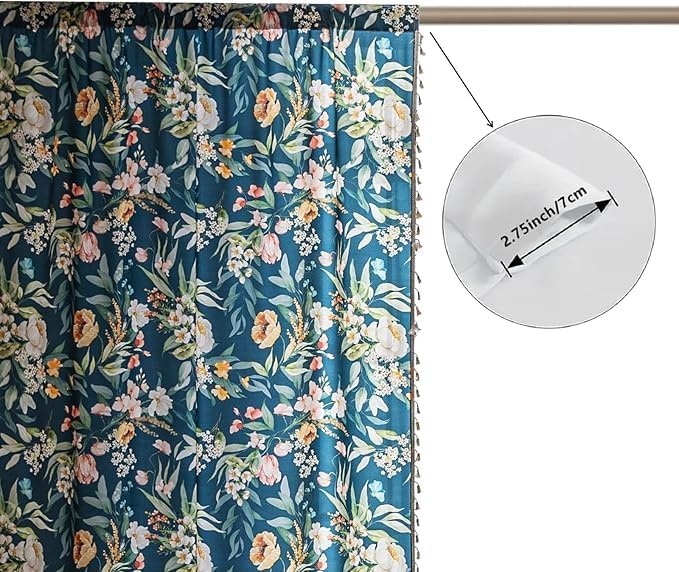 Boho Floral Curtains French Country Farmhouse Curtains 72 Inches Long Light Filtering Window Rod Pocket Drapes for Living Room 2 Panels-Navy Blue Floral