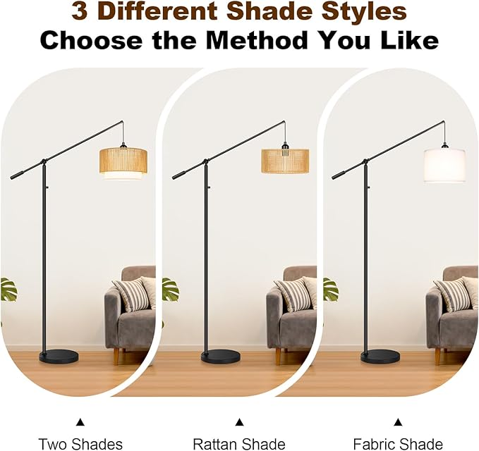 【Upgraded】Arc Floor Lamp for Living Room, Boho Dimmable Swing Arm Floor Lamp with Rattan & Fabric Shades, Black Rattan Standing Lamp with 11W Bulb, Farmhouse Adjustable Tall Lamp for Bedroom Office