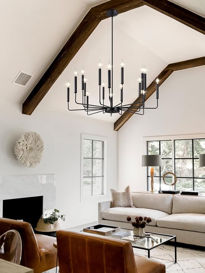 Modern Farmhouse Black Chandelier, 16-Light Rustic Candle Chandelier, Industrial Hanging Chandeliers for Dining Room, Living Room, Kitchen, Foyer, Entryway