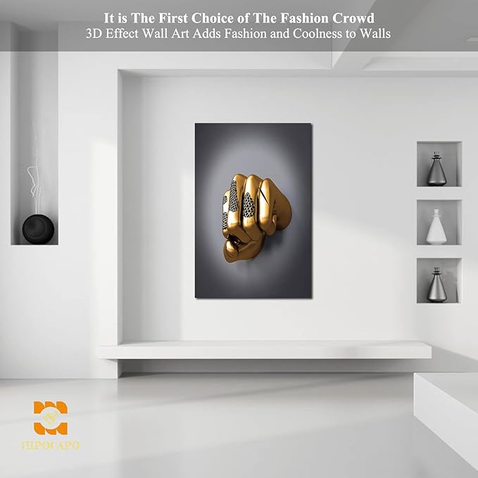 3D Wall Art - Abstract 3D Metal Effect Canvas Wall Art, 3D Modern Large Wall Art for Office, Golden Boxer Gesture 3D Art Wall Decor for Modern Bedroom Decor Framed 32”x48”x1Pcs