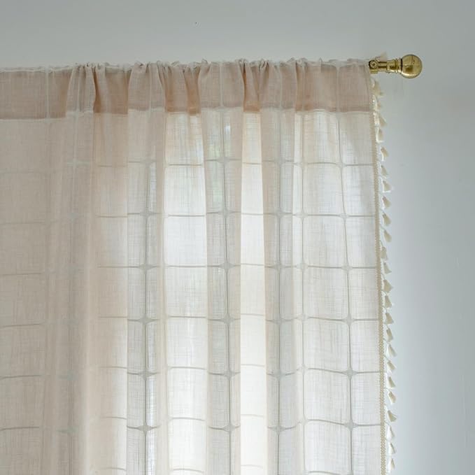 Sutuo Home Boho Curtains for Bedroom Dining Room 90 Inches Long, Beige Bohemian Farmhouse Vintage Chic Tassels Linen Semi Blackout Window Treatment Drape, 1 Panel 52" W x 90" L, Light Coffee Plaids