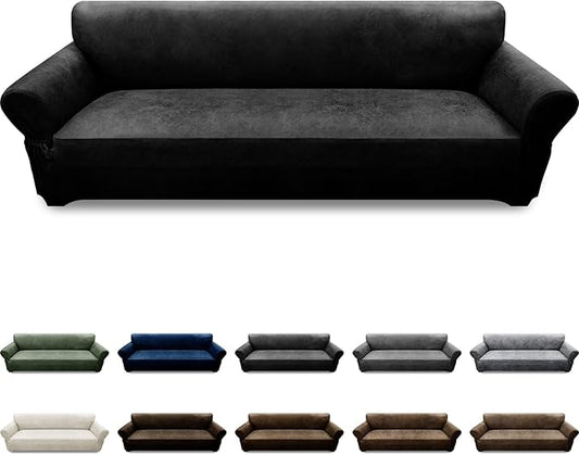 Oversized Sofa Slipcover Leather Look Couch Cover for 4 Seater Sofa 1-Piece Sofa Cover Stretch Furniture Protector with Elastic Bottom & Pockets(XL Sofa, Black)