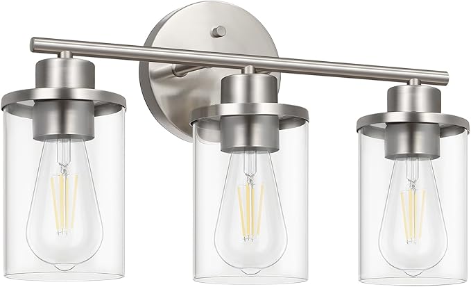 EDISHINE Bathroom Light Fixtures, 3-Light Bathroom Vanity Light Over Mirror, Brushed Nickel Wall Sconces Lighting with Clear Glass Shade Modern Bath Wall Mount Lamp for Vanity Table, Powder Room