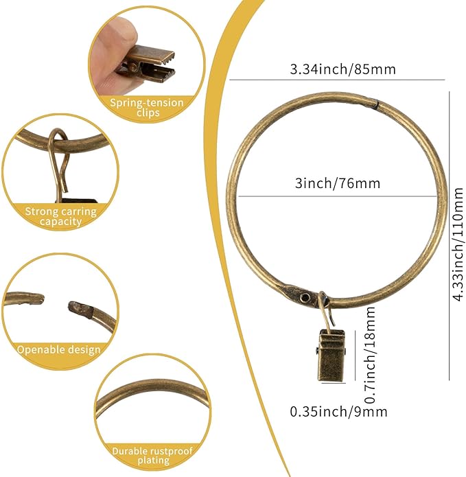 Openable Curtain Rings with Clips,3inch Inner Diameter,Heavy Duty Rustproof Metal Decorative Vintage Drapery Rings Curtain Clips Rod Hangers Door Curtain and Shower Curtain Rings Bronze Zocang