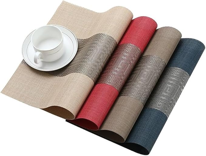 FAVE Placemats Set of 4 Indigo Blue Woven Placemats Durable and Wipeable Vinyl Placemats Heat Resistant Table Mats Set of 4 High Texture Place Mats for Kitchen Table (Indigo Blue, 12"x18"-4PCS)