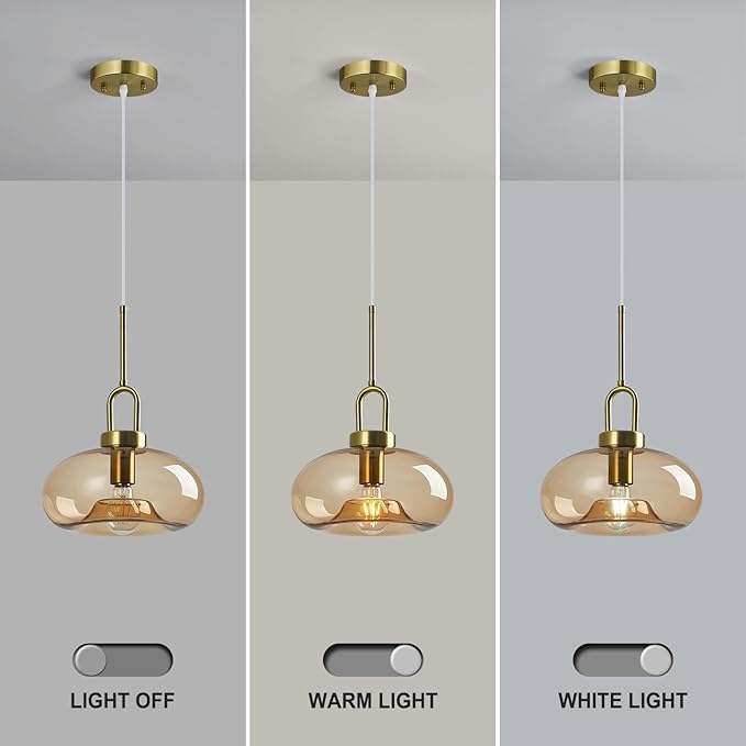 Light Brown Glass Pendant Lights Kitchen Island Gold Pendant Light Fixtures Adjustable Height Modern Pendant Lighting for Bedroom Dining Room (1-Pack)