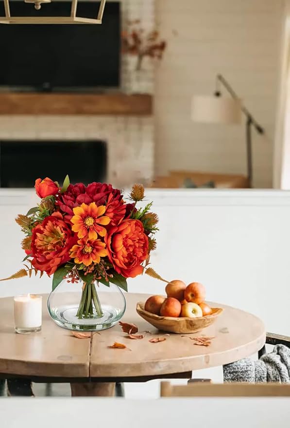 Fake Peony Flowers in Vase Fall Table Centerpiece Faux Floral Arrangement in Vase Autumn Artificial Flowres for Tables Orange Silk Flowers Arrangement