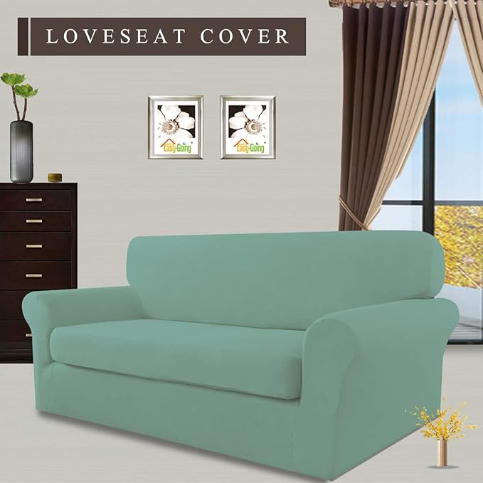 Easy-Going 2 Pieces Microfiber Stretch Sofa Slipcover – Spandex Soft Fitted Sofa Couch Cover, Washable Furniture Protector with Elastic Bottom Kids, Pet (Loveseat, Cyan)