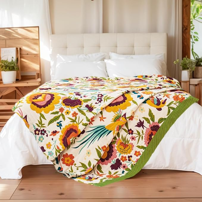 Boho Throw Blanket for Bed, 100% Organic Cotton Breathable Ultra Soft 60" x 80" Quilt Throw - All Season Floral Rustic Farmhouse Decor Luxury Reversible Blanket for Sofa Couch Chair and Gift