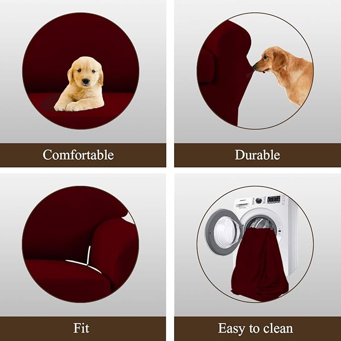 Easy-Going 2 Pieces Microfiber Stretch Sofa Slipcover – Spandex Soft Fitted Sofa Couch Cover, Washable Furniture Protector with Elastic Bottom Kids, Pet (Loveseat, Wine