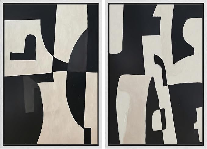 SIGNWIN Framed Canvas Print Wall Art Set Black and Beige Abstract Geometric Modern Bold Minimalist Illustrations Minimal Decorative Zen Bohemian for Living Room, Bedroom, Office - 24"x36"x2 White