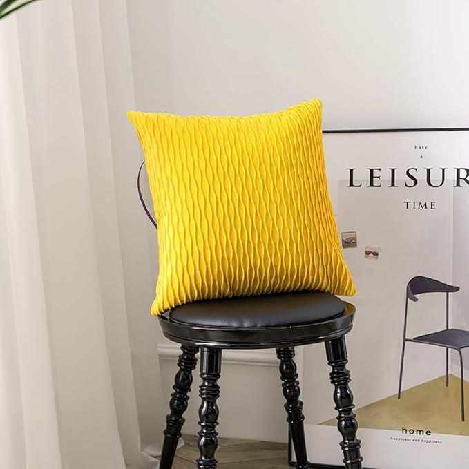 Mustard Yellow Couch Pillow Covers: 2 Pack 22x22 Inch Original Striped Velvet Square Throw Pillow Cases for Farmhouse Home Decor