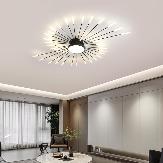 JAYMP Ceiling Light Modern Flower Shape Ceiling Lamp for Living Room Dining Room Flush Mount Metal Acrylic Sputnik Firework Petal LED Lighting Fixture (Matte Black, 42+1 Lights)