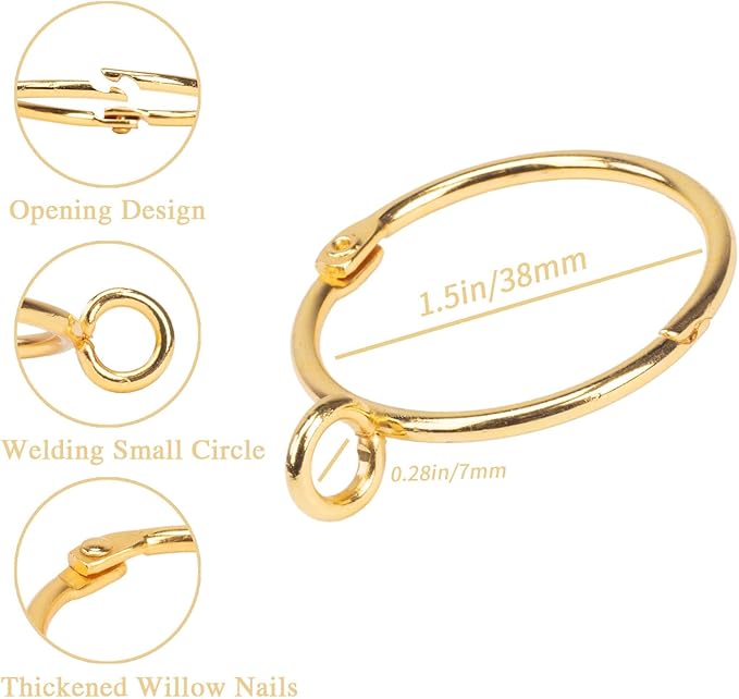 Openable Curtain Rings with Eyelet,24PCS Curtain Rings,Drapes Rings 1.5 in Interior Diameter,Hinge Snap-Joint Design, Fits Curtain Rods Up to 1.25 Inches Gold TXZWJZ