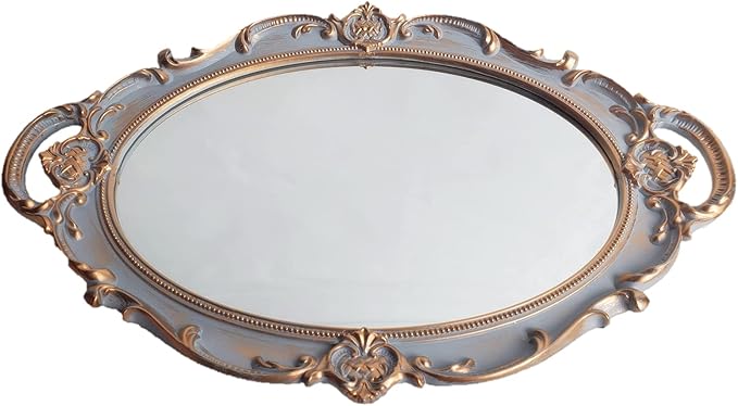 Oval Vintage Decorative Mirror Tray, Jewelry Dresser Organizer Tray, Cosmetics Makeup Storage Organizer, Serving Tray (9.8”x 14.6”) Gray