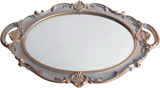 Oval Vintage Decorative Mirror Tray, Jewelry Dresser Organizer Tray, Cosmetics Makeup Storage Organizer, Serving Tray (9.8”x 14.6”) Gray