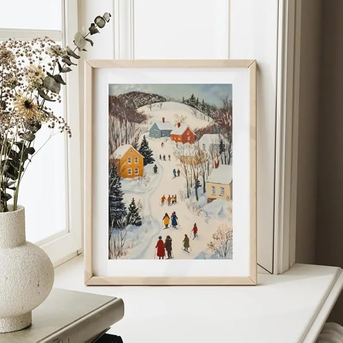 OZCONO Winter Town Wall Art for Christmas Home Decor, Cozy Snowy Village Scene for Holiday, Vintage Winter Artwork, Farmhouse Seasonal Home Accent, Xmas Print, Noel Design (Unframed) (24x36)