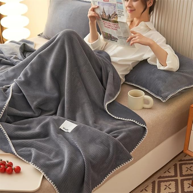 Luxury Ultra-Soft Cozy Milk Flannel Velvet Waffle Weave Bed Blanket, Pet Cats Feeling, Nordic Modern Aetec Style, Lightweight Warm Twin Blanket for Couch Sofa Travel Picnic, Space Dark Grey 60x80 inch