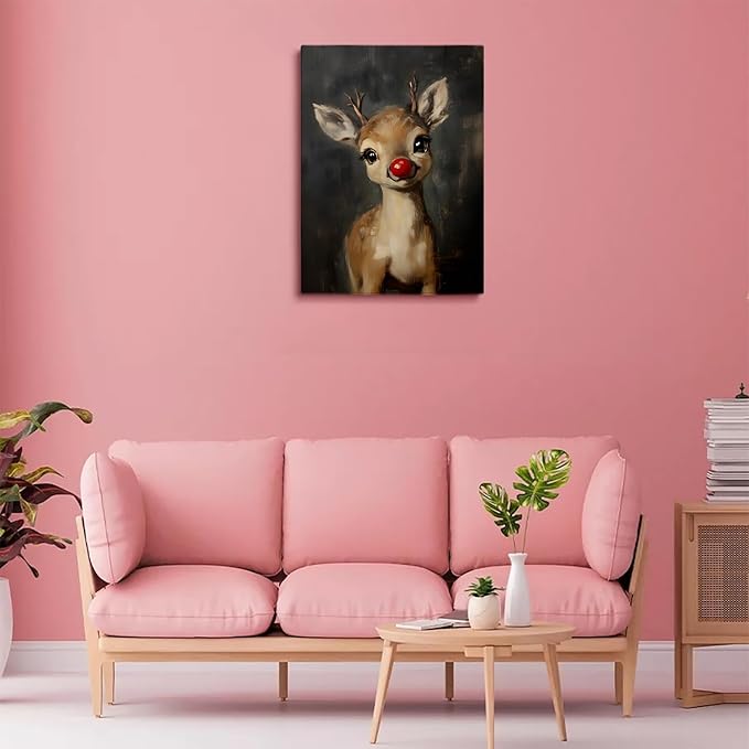 Christmas Red Nosed Reindeer Wall Art Prints,Cute Rudolph Reindeer Painting,Whimsical Baby Reindeer Canvas Prints,Moody Vintage Rudolph Poster,Rustic Christmas Nursery Home Decor