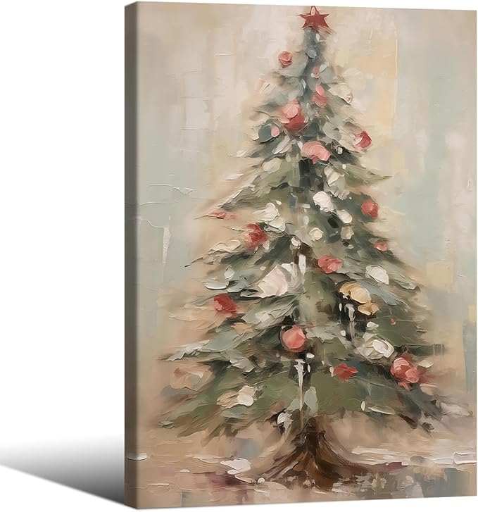 Winter Christmas Tree Wall Art Vintage Nature Botanical Pine Poster 16x24 inch Framed Forest Cottagecore Canvas Painting Prints for Living Room Office Wall Decor