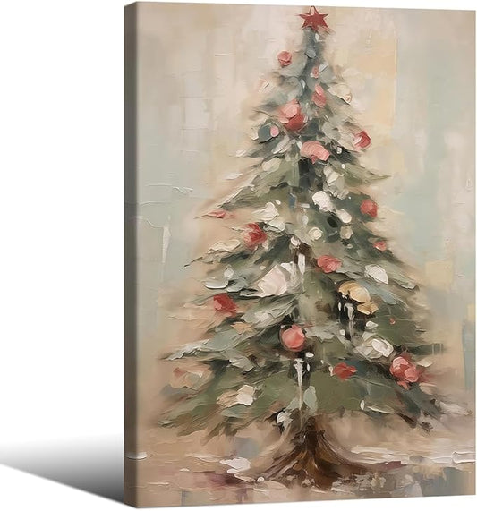 Winter Christmas Tree Wall Art Vintage Nature Botanical Pine Poster 16x24 inch Framed Forest Cottagecore Canvas Painting Prints for Living Room Office Wall Decor