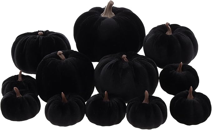 12 Pcs Autumn Artificial Velvet Pumpkins Set Halloween Faux Kitchen Cloth Fall Harvest Foam Farmhouse Porch Table Wedding Decorative Black
