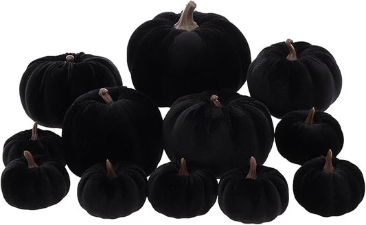 12 Pcs Autumn Artificial Velvet Pumpkins Set Halloween Faux Kitchen Cloth Fall Harvest Foam Farmhouse Porch Table Wedding Decorative Black