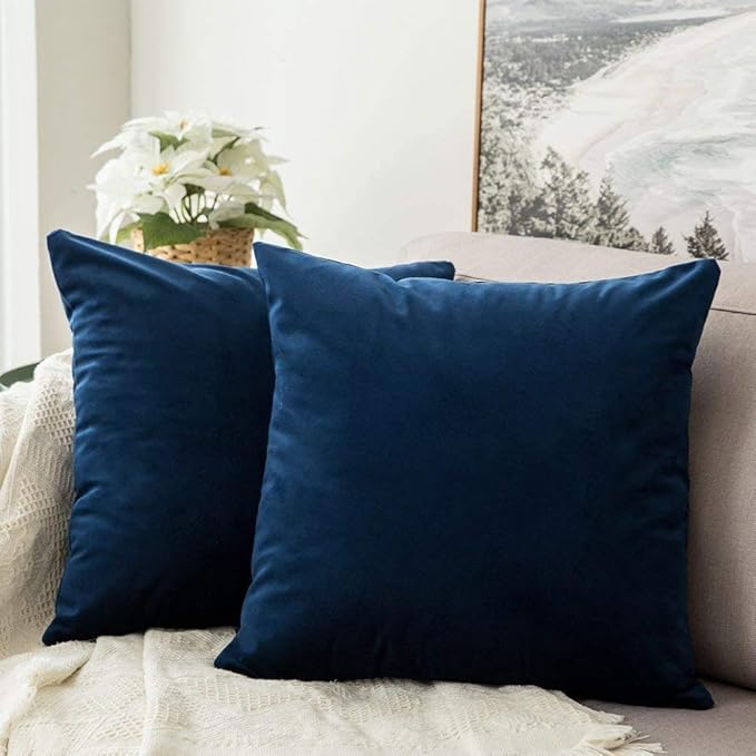 MIULEE Pack of 2 Velvet Pillow Covers Decorative Square Pillowcase Soft Solid Dark Blue Cushion Case for Spring Sofa Bedroom Car 22x22 Inch 55x55 cm