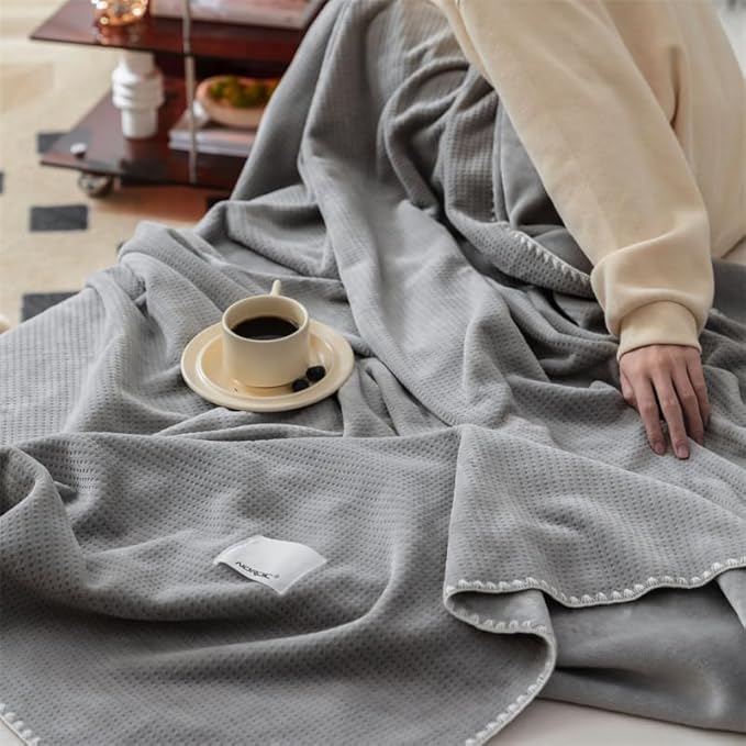Luxury Softness Cozy Milk Flannel Velvet Waffle Weave Blanket, Pet Cats Feeling, Nordic Modern Aetec Style, Lightweight Warm Throw Blanket for Bed Couch Sofa Chair, Space Dark Grey 50x60 inch